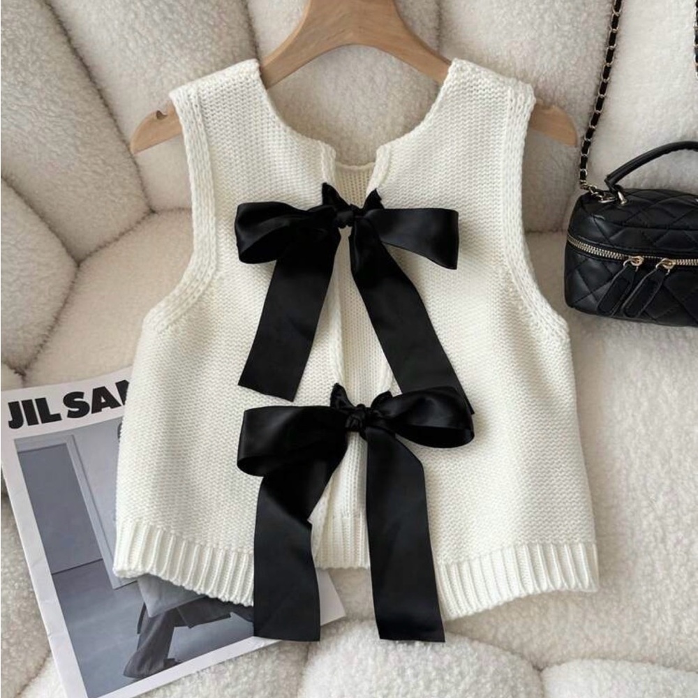 White Knit Vest with Black Ribbon Bows